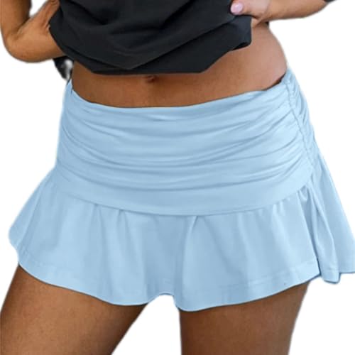 Women Y2k Stretchy Mini Skirt Fold Over Low Waist Ruched Pleated Flared Skirt Summer Casual Cute Going Out Streetwear