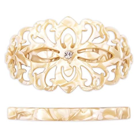 Strong Large Hair Barrette Set For Thick Hair Ivory White Marble Filigree for Women Cover