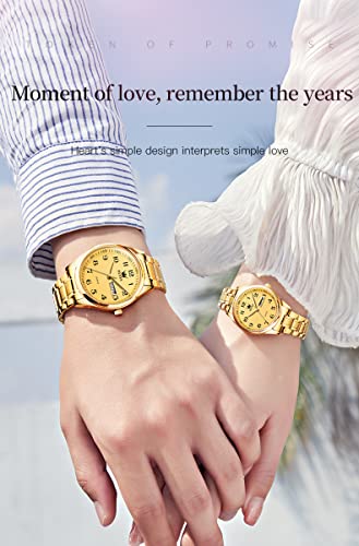 OLEVS Valentines Couple Pair Quartz Watches Luminous Calendar Date Window 3ATM Waterproof, Casual Stainless Steel His and Hers Wristwatch for Men Women Lovers Wedding Romantic Gifts Set of 2