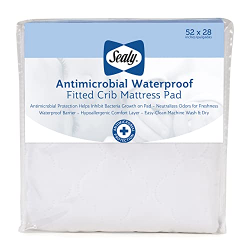 Sealy Baby Antimicrobial Fitted Waterproof Infant Crib Mattress Protector Pad and Toddler Bed Cover, Designed to Neutralize Odors, Machine Washable and Dryer Friendly, 52” x 28”- White