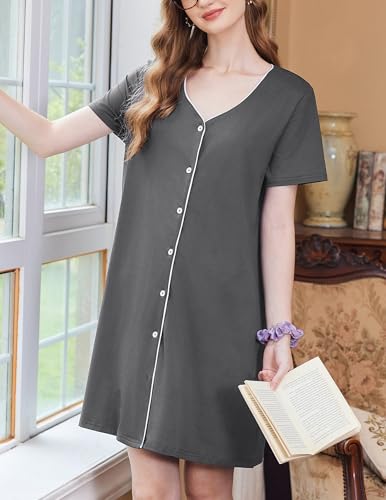 Ekouaer Nightgowns for Women 3 Pack Sleep Shirts Button Down Pajama Dress Short Sleeve Nightshirt Sleepwear Nightdress2