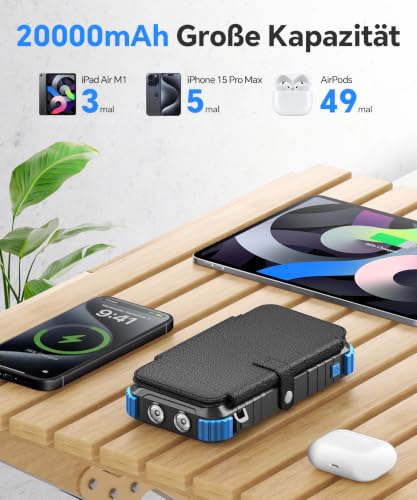 Solar Powerbank 20000mAh mit 4 Solarpanel, Powerbank mit 3 Kabeln – Ansicht 2