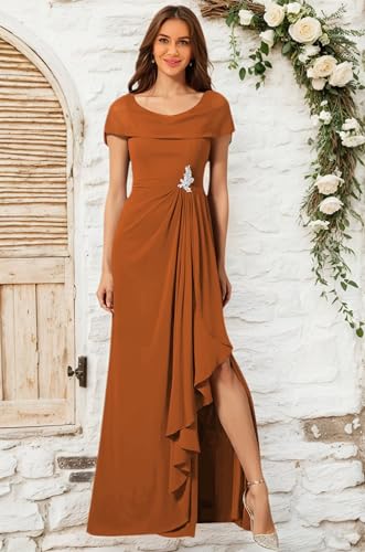 Chiffon Mother of The Bride Dresses Long for Women Cape Sleeves Ruffles Wedding Guest Dress with Slit LN1643