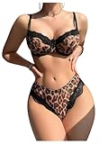 OYOANGLE Women's Leopard Print Lingerie Set Lace Padded Underwire Bras with Mid Rise Thong Set Black Large