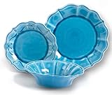 Pioneer Woman 12-Piece Page Rustic Stoneware Dinnerware Set, Denim Blue With Scalloped Edges
