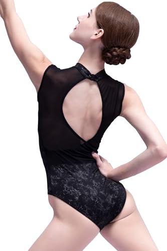s.lemon Maillot Ballet,Mujer Sin Mangas Malla Cuello Alto Leotardo para Danza Gimnasia D021 Negro 175