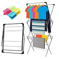 URCHOICE 3 Tier Clothes Airer Drying Rack - Space-Saving Laundry Drying Airer - Indoor & Outdoor Home Storage Solution with Free 20 Pegs - Black