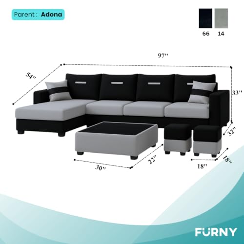 Image of CASASTYLE Driama 8 Seater Fabric LHS L Shape Sofa Set with 1 Centre Table & 2 Puffy (Light Grey-Black) | Velvet Finish | Comfortable Sectional Sofa for Living Room