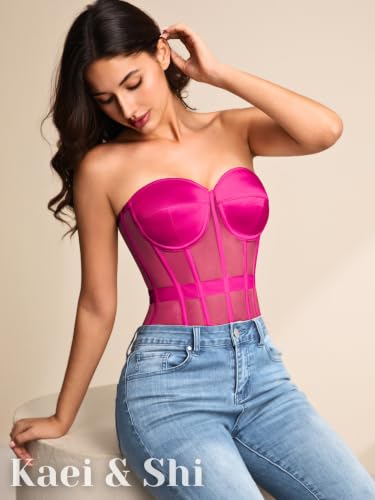 Image of Kaei&Shi Sheer Mesh Overbust Corset,Sexy Strapless Lace Up Satin Bra Corsets Top For Women Shapewear