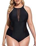 Women One Piece Plus Size High Neck V-Neckline Halter Mesh Monokini Bathing Suit Black 1X(3XL=US 18W)