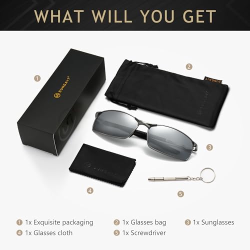 Image of SUNGAIT Ultra-Lightweight Polarized Sunglasses Men for Driving Fishing Golf, Rectangular Metal Frame with Spring Hinge