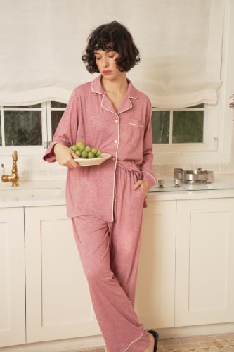 Image of Pajamas for Women Long Sleeve Pajama Set 2 Pieces Lounge Sets Sleepwear Pjs Ladies Sleepwear Button Down Nightwear