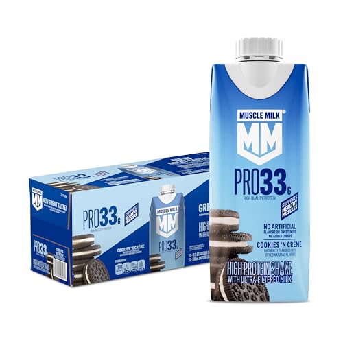 Muscle Milk Pro High Protein Shake Cookies n Creme 11 fl oz Cartons (12 Pack) Ultra Filtered Milk 33g High Quality Protein Shake 3g Sugar 200 Calories No Artificial Flavors or Artificial Sweeteners No Added Colors