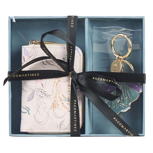 PACO MARTINEZ Set de Regalo para Mujer, Caja Regalo con Cartera Billetero para Mujer con Estampado Floral Acuarelado y Llavero a Juego, Idea de Regalo de Cumpleaños, Aniversario o Navidad