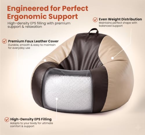 Image of Sattva Classic 2XL Bean Bag Chair with Beans Filled | Faux Leather Sofa Style Bin Bags with Beans Filling for Living Room | Comfortable Seating for Adults & Teens, Home & Office - Brown & Cream