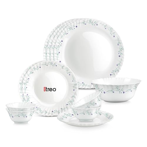 Image of Treo by Milton Opalware Aurelia Murel Dinner Set of 13 | Serving for 4 | Microwave & Dishwasher Safe | Bone-Ash Free | Tempered Toughness | Plates & Bowls | Crockery Set for Dining & Gifting | White