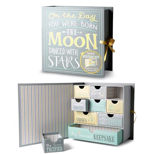 Image of Votum Baby Keepsake Box for Treasured Memories, Moon & Stars - Lightweight, Handcrafted Baby Boxes with 9 Labeled Compartments for First Memories - Gender Neutral Baby Shower Gifts for Girls, Boys