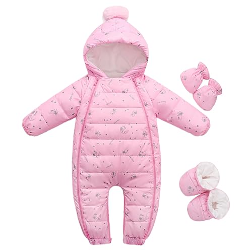 Newborn Baby Boys Girls Snowsuit Romper Winter Coat Infant Warm Hooded Jumpsuit Snow Suit with Gloves (Pink, 0-3 Months)