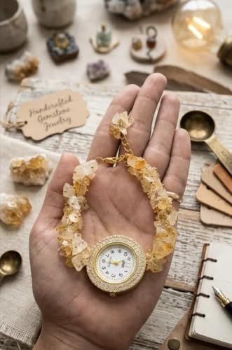 Image of ARKN Crystal Bracelet Watch for Women | Natural Gemstone Beaded Wrist Watch | Gold-Tone Dial with Rhinestone Bezel | Adjustable Fashion Jewellery Gift for Women & Girls