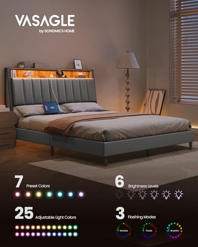 VASAGLE LED Bed Frame Queen Size, Storage Headboard and Charging Station, Queen Bed Frame with 2 AC Outlets, 1 USB Port, 1 Type-C Port, No Box Spring Needed, Dove Gray and Camel Brown URMB841G01