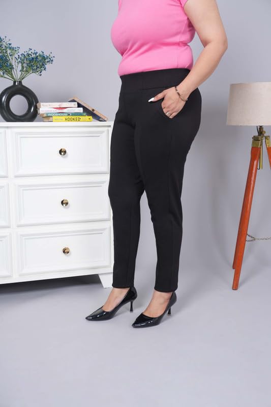 Image of Mlada Women's Solid Cotton Lycra High Waist Ankle Length Tummy Tucker Jeggings Trouser with 2 Side Pockets | Office Wear Summer Pants | Regular Fit, Stretchable, Comfortable & Stylish Everyday Bottoms