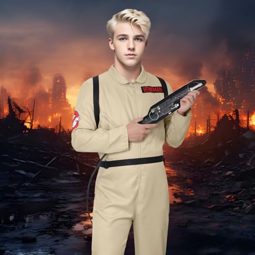 Ghost Hunter Costume for Kids, Jumpsuit and Inflatable Backpack, Beige, Perfect for Halloween, Groups, and 80s Theme Fancy Dress Events Proton Pack