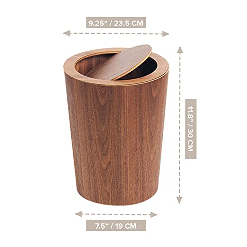 Image of Modern Round Trash Can with Lid - Wood Grain Waste Basket in Walnut - 9.25 inchx7.5 inchx11.8 inch Swing Top Small Trash Can - Decorative Small Garbage Can for Bedroom, Living Room, Office & Bathroom