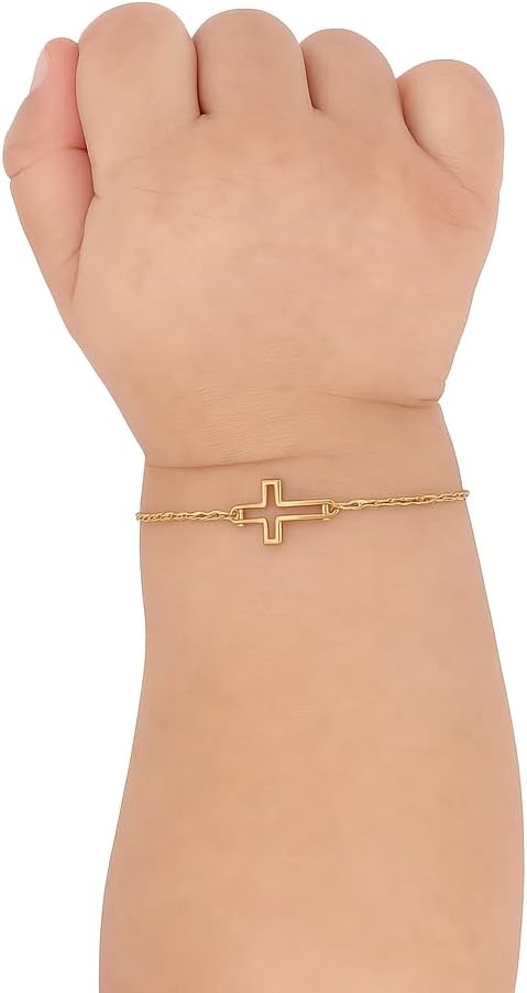MIONZA 14K Solid Gold Baby Cross Bracelet or Custom ID – Sideways Adjustable in Hollow or Personalized– Religious Gift for Baptism, Infant, Teen, Boys & Girls