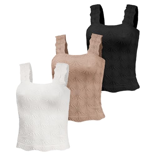 Women's Square Neck Tops Slim Fit Sleeveless Wide Strap Crop Tank Tops Lettuce Trim Crop Cami Tops with Floral Jacquard