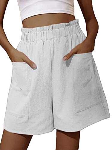 ORANDESIGNE Bermudas Moda Mujer Pantalones Cortos de Cintura Elástica Shorts de Algodón y Lino Shorts Casuales Oversize Color Sólido Pantalones Rectos Pantalones de Pierna Ancha A Blanco L