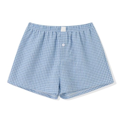 Image of Sumleno Womens Y2k Aesthetic Boxer Shorts Plaid Elastic Waist Lounge Pj Bottoms Summer Casual Gingham Pajamas Shorts