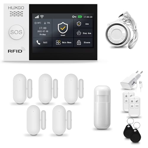 HUXGO® HXA007 Funk Alarmanlage Set WiFi + GSM 4G mit Sirene | Alarm System mit Bewegungsmelder, 5X Tür- Fenstersensor, Fernbedienung | Wohnmobil Alarmanlage | Smart Home Security