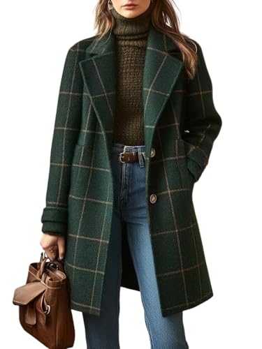 chouyatou Women's Winter Notched Collar Plaid Wool Trench Coat Button Down Mid Long Overcoat Outerwear (Large,Green)