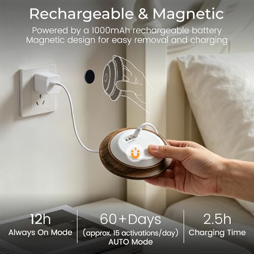 Image of Motion Sensor Night Light Wood Rechargeable Battery Powered Stick-On Step Lights Magnetic Closet Warm Nightlight for Hallway Bedroom Stair, Black Walnut
