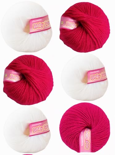 Vardhman BabySoft Knitting Yarn | 100% Acrylic Wool | 4 Ply | Thin Knitting & Crocheting Hook Thread & Lightweight | Special Baby Wool | 150 Grams (6 Balls of 25g) | Machine Washable | Ideal for Blankets, Hats, Booties Ultra-Soft for Baby Sweaters, Blankets, Caps, Socks, Soft toys, Art & craft (Magenta No.93 & White No.18)
