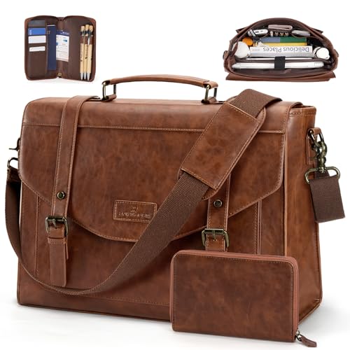 RAINSMORE Flap Messenger Bag for Men Vintage PU Vegan Leather Laptop Bag 15.6 Inch Professional Mens...