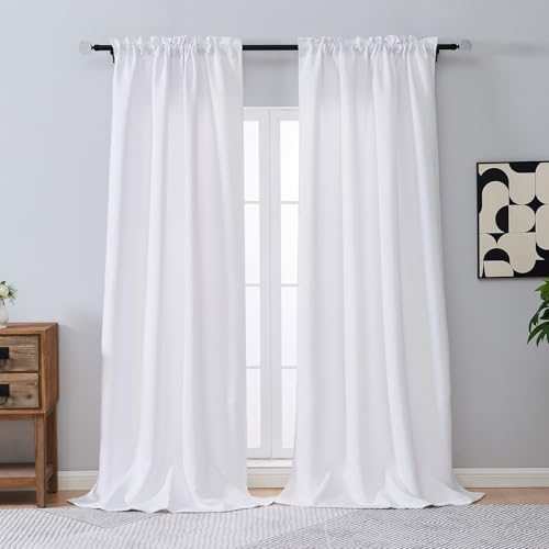 Image of Pure White Curtains for Bedroom 96 Inch Length 2 Panels Set, Soft Fabric Solid Thermal Insulated Light Filtering Living Room Curtains, Dual Rod Pocket Window Drapes, 2x50Wx96L Inches