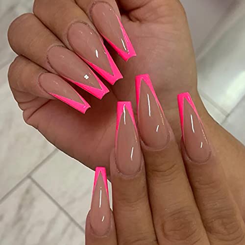 24 Pcs Coffin Press on Nails Long, Sunjasmine Fake Nails Glue on Nails, Glossy False Nails with Glue, Acrylic Nails for Women and Girls (Red French)