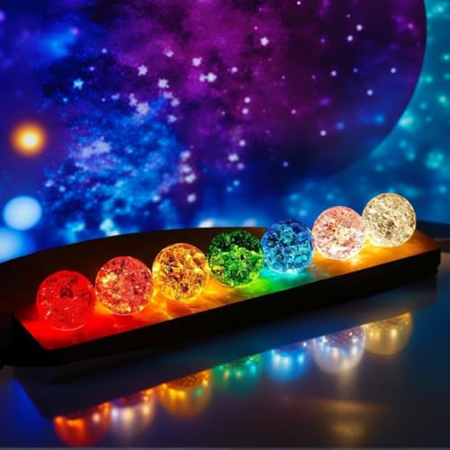 vskikris 40mm 7 Colors Ice Cracked Glass Crystal Chakra Balls with LED Wooden Base Decorative Ornaments for Home Living Room, Night Sphere as Night Light Decoration and Healing Sphere