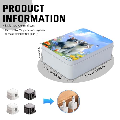 Image of Metal Tin Box with Lid,Multi-functional Storage Large Box Can Store Tea Biscuits Game Cards, Playing & Tarot Cards-Comes with 4 Magnetic Cord Clips,Kittens with Butterflies