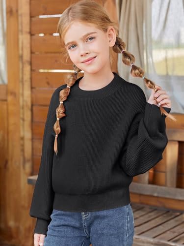 Image of Haloumoning Girls Knit Pullover Sweaters Mock Neck Long Lantern Sleeve Jumper Tops 5-14 Years Black