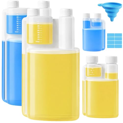 Flacons Doseurs à Double Col, 5 Bouteille Doseuse à Double Col En Pehd, 2 X 1 Litre Vide Avec Chambre De Dosage De 100 Ml, 1 X 250 Ml Avec 20 Ml, 1 X 100 Ml...