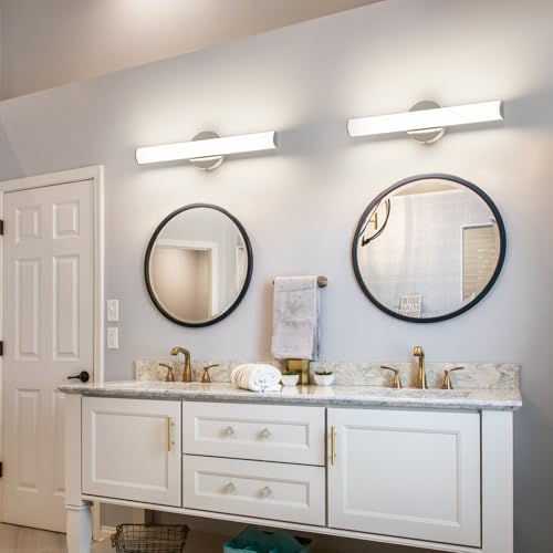 Image of OOWOLF 2 Pack LED Vanity Light Bar for Bathroom, Dimmable Bathroom Light Fixtures 17.3inch 12W 1200LM Over Mirror Lighting Fixture Wall Sconce Modern Vanity Lighting 4000K Brushed Nickel