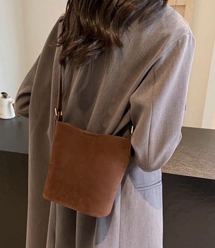 Suede Bucket Bag for Women Vintage Leather Shoulder Bag Tote Purse Minimalist Crossbody Handbag with Adjustable Strap3