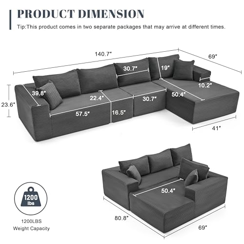 Image of Mangodan 140 inch Cloud Sectional Couch, Boneless Sofa for Living Room, Modular Sectional Sofa with Deep Seat, Comfy Fluffy L-Shaped Couch with Right-Facing Chaise, No Assembly Required, Grey