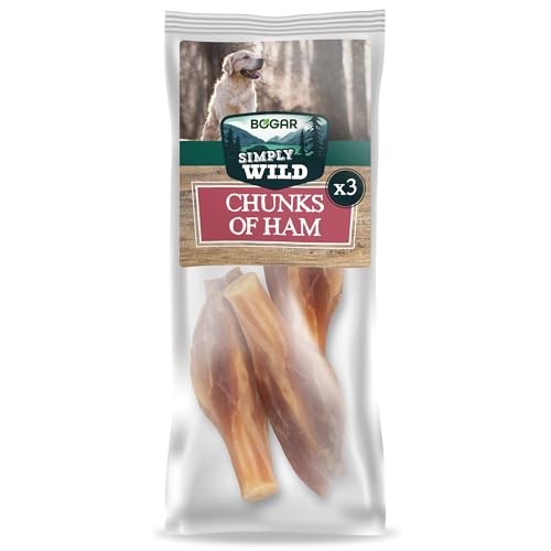 Bogar - Simply Wild - Snack per cani - Cibo per cani - Integratori a forma di pezzi di prosciutto x3-100% maiale essiccato - Masticativi con funzione di premietti per il tuo cane