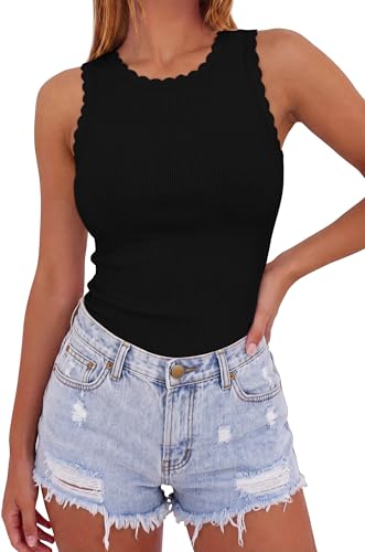 Sampeel Womens Tank Tops Sleeveless High Neck Workout Ribbed Slimming Fitted Camisole Scalloped Cute Summer Fashion Trendy Vacation Outfits Dressy Clothing Black M