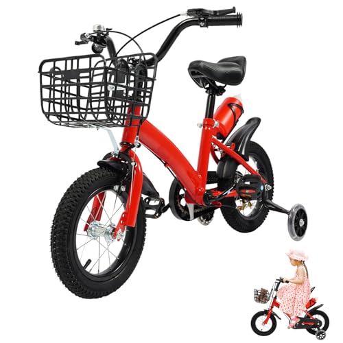 TONFEION Bicicleta para niños de 12 pulgadas con ruedas estabilizadoras, cesta y botella de agua (rojo)
