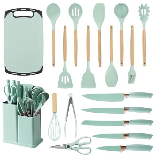 Juego de Utensilios 19pz | Espátulas Con Cuchillos Y Tabla | Kit 19 Piezas de Cocina | Set de Instrumentos de Silicona | Mango de Madera Resistentes...