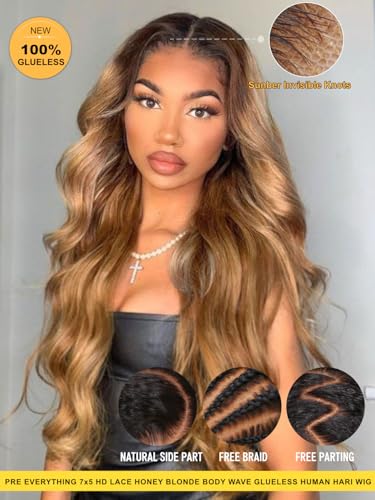 Image of Sunber Honey Blonde Highlight Loose Body Wave Glueless Human Hair Wigs 20 inch | Curtain Bangs Bye Bye Knots Pre Cut 7x5 Lace Frontal Wig with Drawstring 3S Pull On and Go Pre Bleached 150% Density